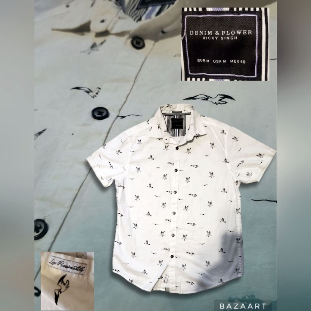 Denim And Flower Short Sleeve Button Up Shirt